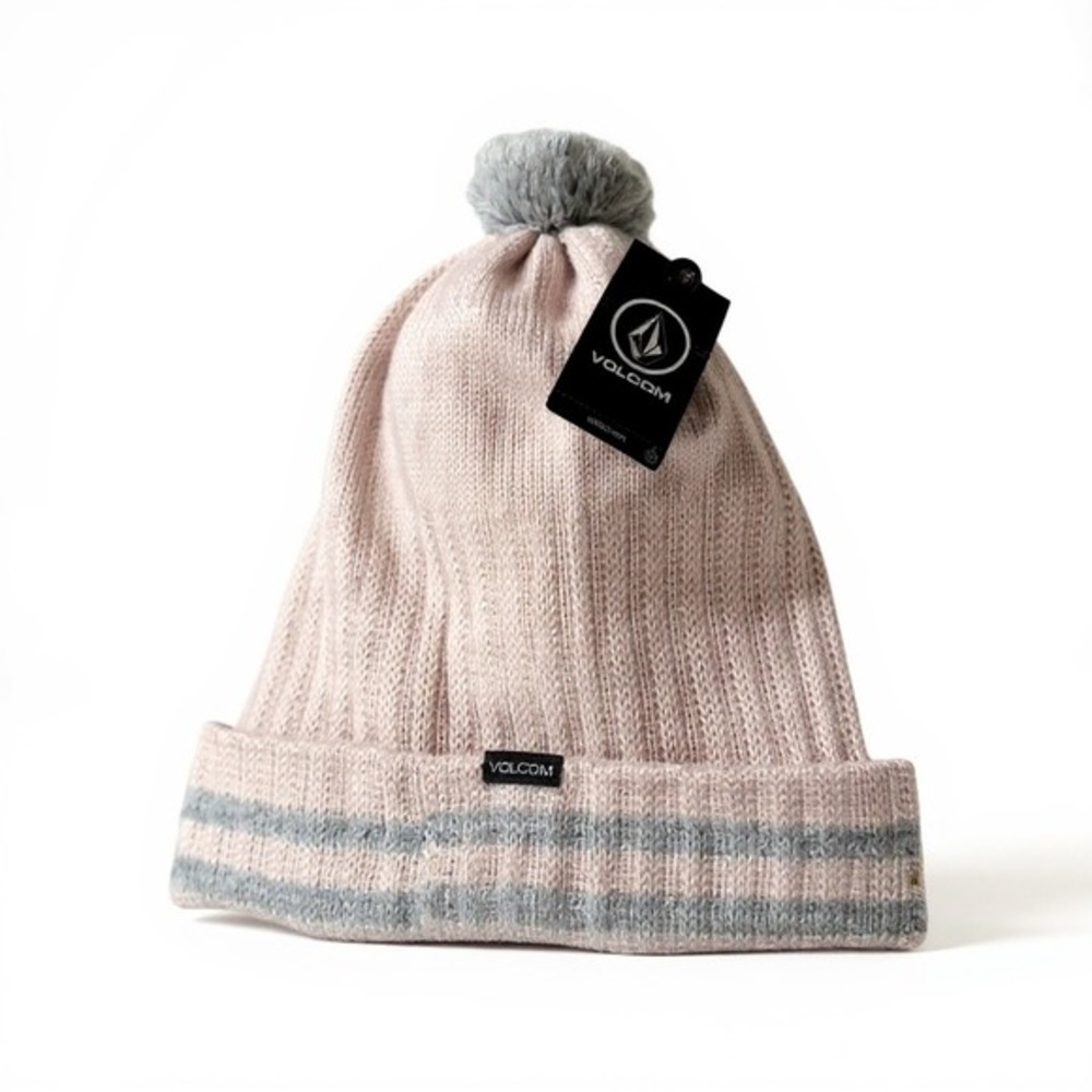 Volcom Wiltern Snowboarding Beanie Hat Pink Gray Hidden Face Mask Winter Pom Pom